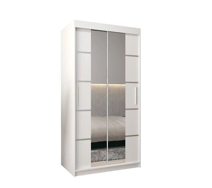 Verona 04 Contemporary 2 Mirrored Sliding Door Wardrobe 5 Shelves 2 Rails White Matt