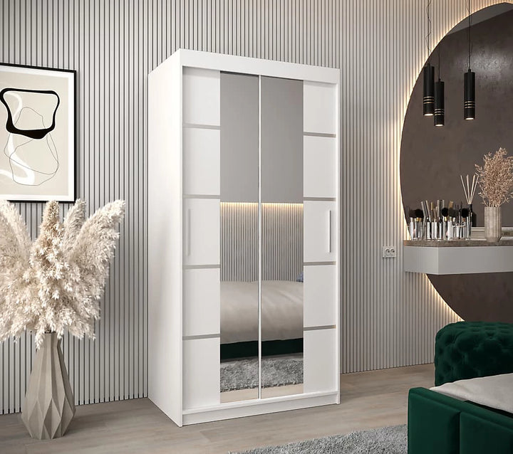Verona 04 Contemporary 2 Mirrored Sliding Door Wardrobe 5 Shelves 2 Rails White Matt