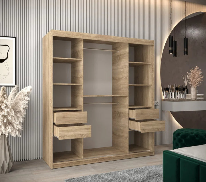 Tokyo Contemporary 2 Sliding Door Wardrobe 9 Shelves 2 Rails Oak Sonoma Effect 180cm
