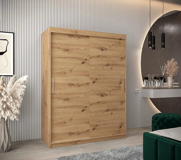 Tokyo Contemporary 2 Sliding Door Wardrobe 5 Shelves 2 Rails Oak Artisan Effect
