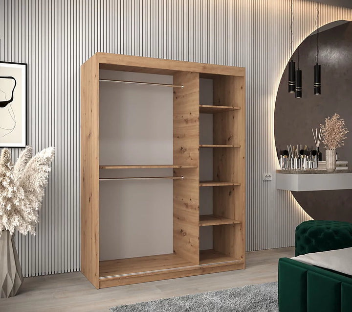Tokyo Contemporary 2 Sliding Door Wardrobe 5 Shelves 2 Rails Oak Artisan Effect 150cm