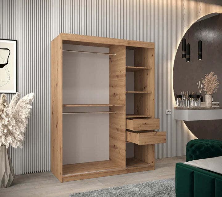 Tokyo Contemporary 2 Sliding Door Wardrobe 5 Shelves 2 Rails Oak Artisan Effect 150cm