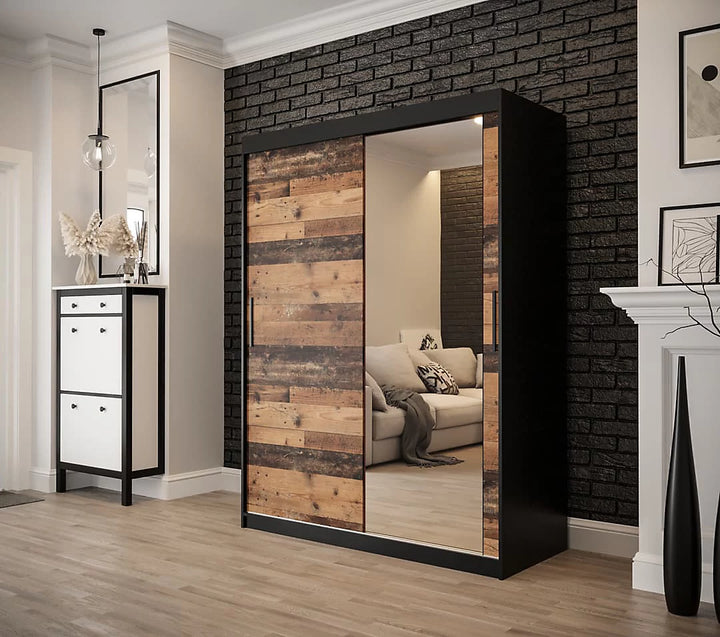 Tilburg 2 Contemporary 2 Mirrored Sliding Door Wardrobe 5 Shelves 2 Rails Dark Oak Effect & Black