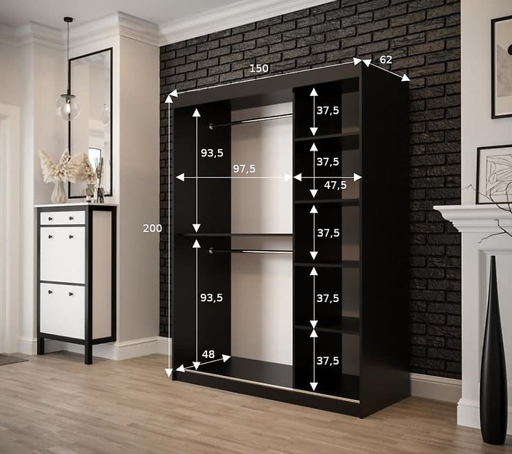 Tilburg 2 Contemporary 2 Mirrored Sliding Door Wardrobe 5 Shelves 2 Rails Dark Oak Effect & Black (W)150cm