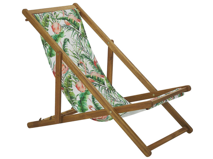 Set of 2 Acacia Folding Deck Chairs and 2 Replacement Fabrics Light Wood with Off-White / Flamingo Pattern Creger