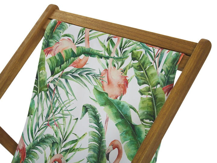 Set of 2 Acacia Folding Deck Chairs and 2 Replacement Fabrics Light Wood with Off-White / Flamingo Pattern Creger