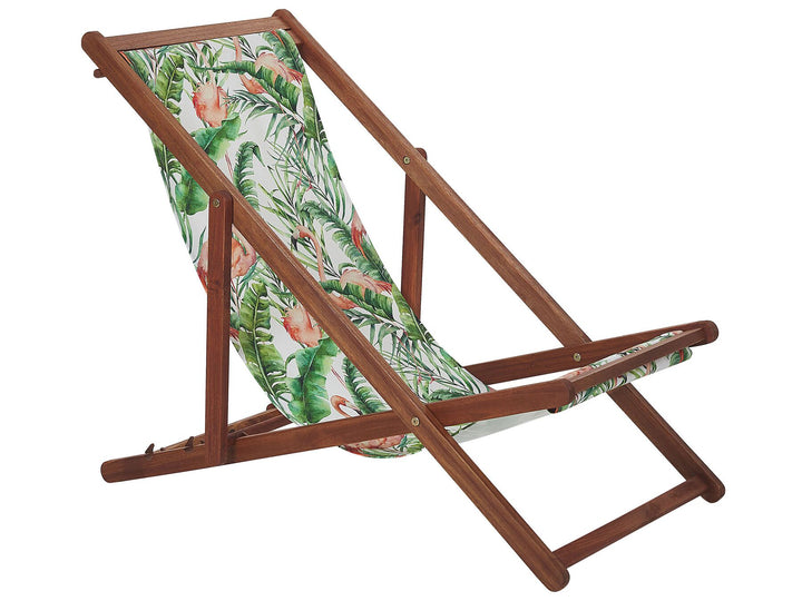 Set of 2 Acacia Folding Deck Chairs and 2 Replacement Fabrics Dark Wood with Off-White / Flamingo Pattern Deardoff
