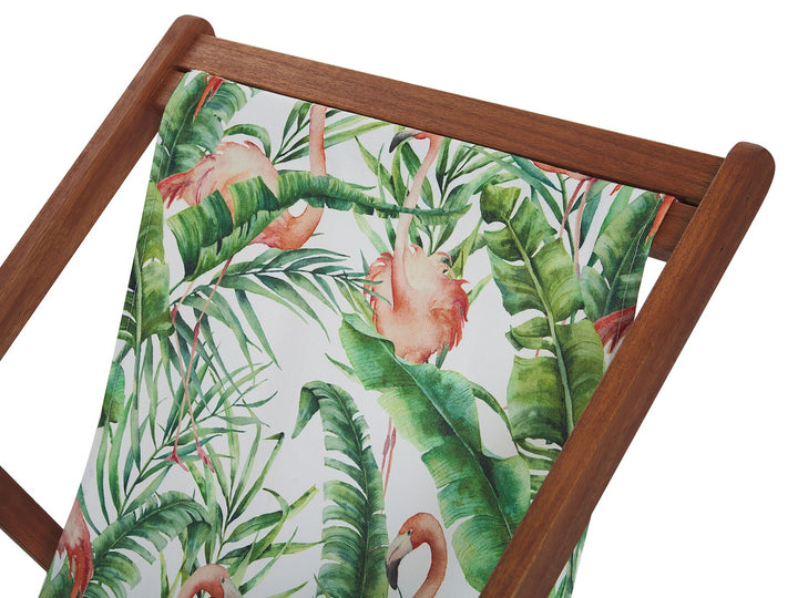 Set of 2 Acacia Folding Deck Chairs and 2 Replacement Fabrics Dark Wood with Off-White / Flamingo Pattern Deardoff