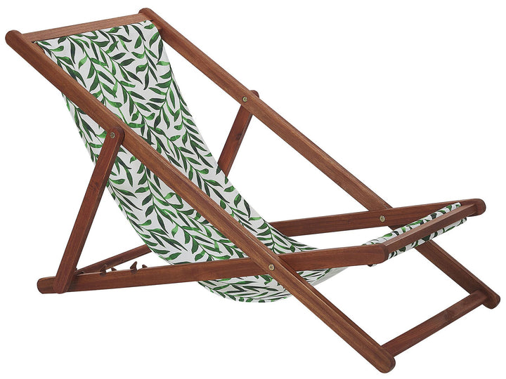 Set of 2 Acacia Folding Deck Chairs and 2 Replacement Fabrics Dark Wood with Off-White / Leaf Pattern Flendersen