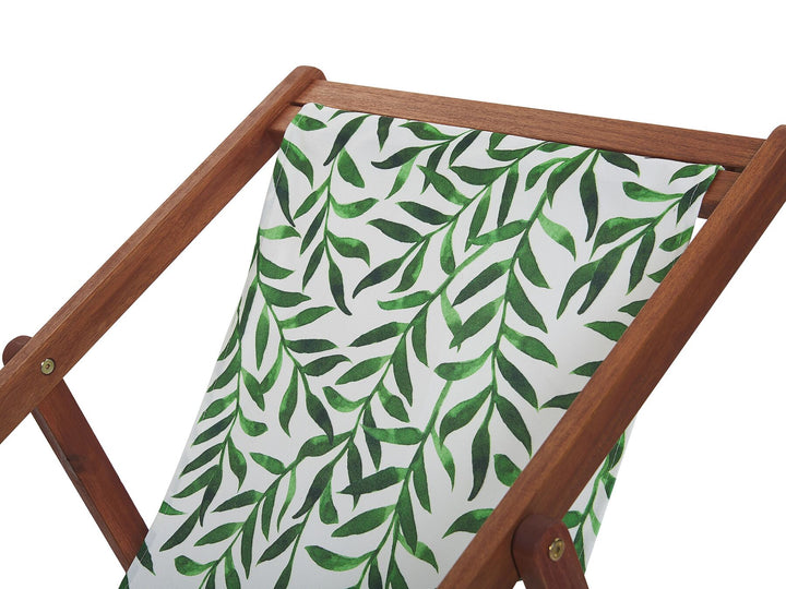 Set of 2 Acacia Folding Deck Chairs and 2 Replacement Fabrics Dark Wood with Off-White / Leaf Pattern Flendersen