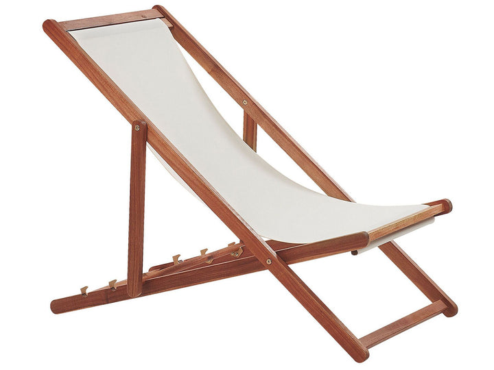 Set of 2 Acacia Folding Deck Chairs and 2 Replacement Fabrics Dark Wood with Off-White / Leaf Pattern Flendersen