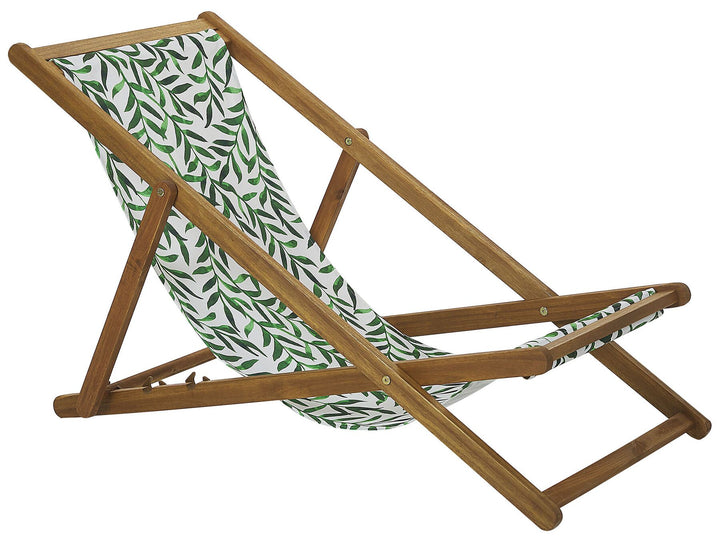 Set of 2 Acacia Folding Deck Chairs and 2 Replacement Fabrics Light Wood with Off-White / Leaf Pattern Leotina