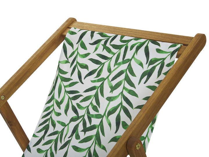 Set of 2 Acacia Folding Deck Chairs and 2 Replacement Fabrics Light Wood with Off-White / Leaf Pattern Leotina