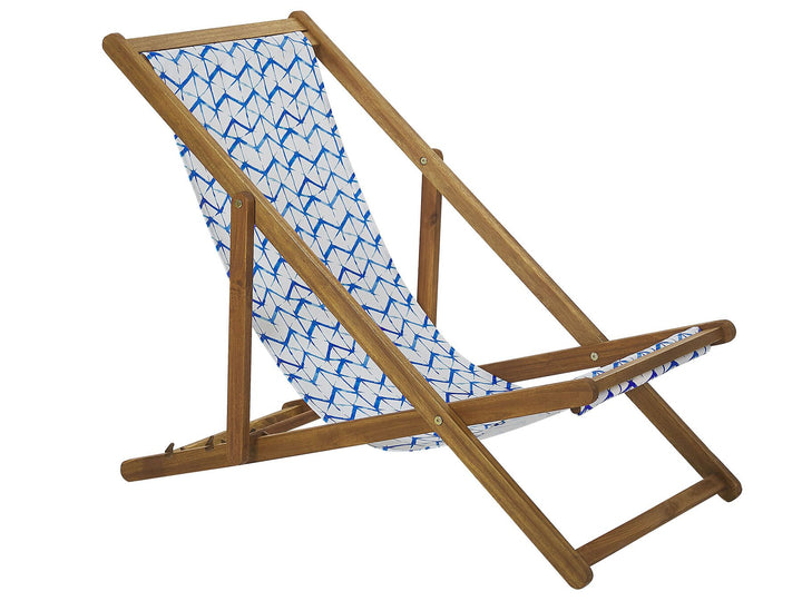 Set of 2 Acacia Folding Deck Chairs and 2 Replacement Fabrics Light Wood with Off-White / White and Blue Pattern Dargan