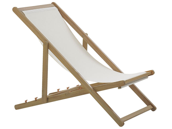 Set of 2 Acacia Folding Deck Chairs and 2 Replacement Fabrics Light Wood with Off-White / White and Blue Pattern Dargan
