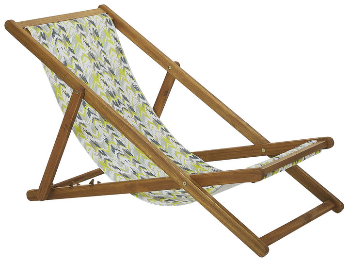 Set of 2 Acacia Folding Deck Chairs and 2 Replacement Fabrics Light Wood with Off-White / Yellow and Grey Pattern Isanti