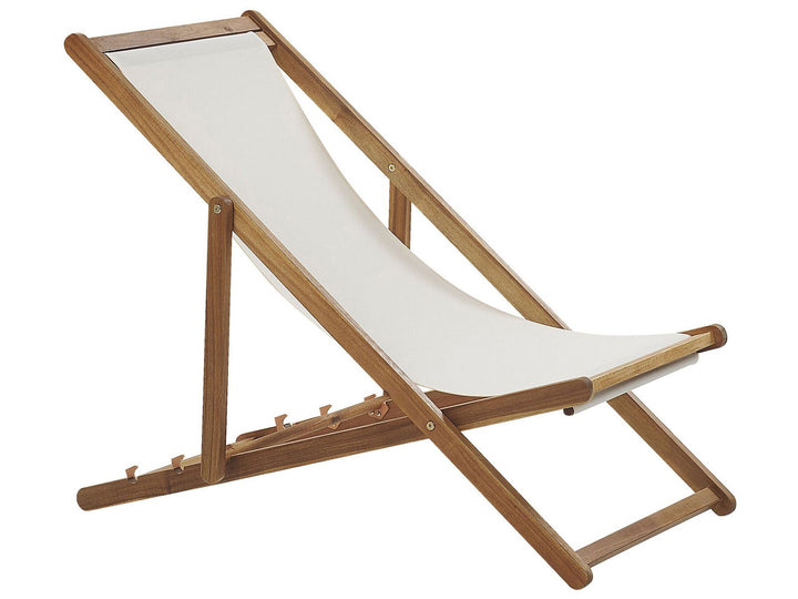 Set of 2 Acacia Folding Deck Chairs and 2 Replacement Fabrics Light Wood with Off-White / Yellow and Grey Pattern Isanti
