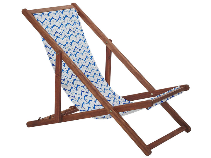 Set of 2 Acacia Folding Deck Chairs and 2 Replacement Fabrics Dark Wood with Off-White / White and Blue Pattern Gulfasa
