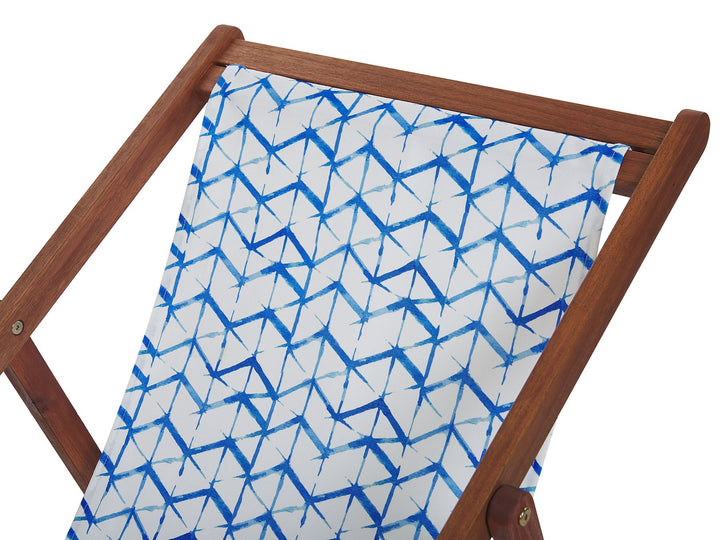 Set of 2 Acacia Folding Deck Chairs and 2 Replacement Fabrics Dark Wood with Off-White / White and Blue Pattern Gulfasa