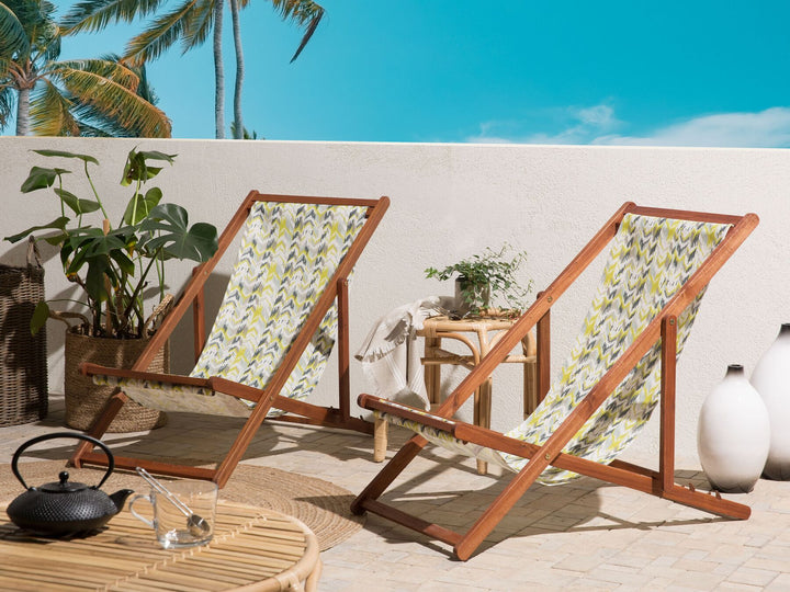 Set of 2 Acacia Folding Deck Chairs and 2 Replacement Fabrics Dark Wood with Off-White / Yellow and Grey Pattern ANZIO