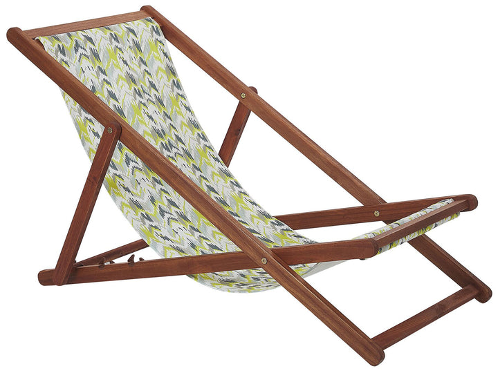Set of 2 Acacia Folding Deck Chairs and 2 Replacement Fabrics Dark Wood with Off-White / Yellow and Grey Pattern Rima