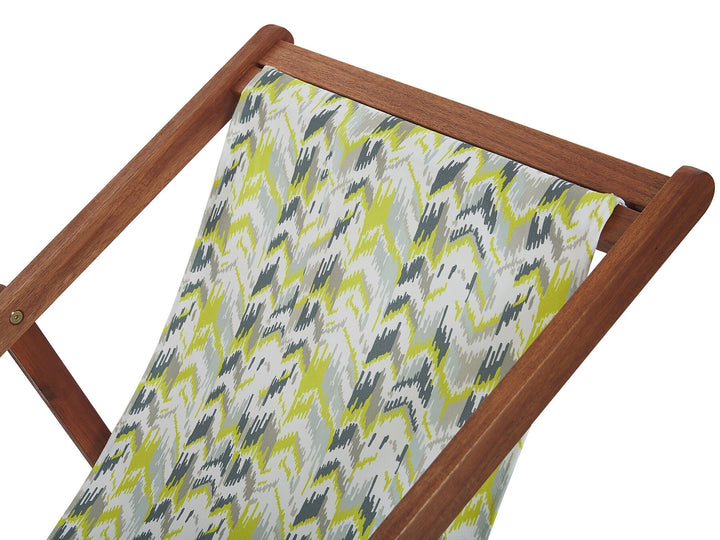 Set of 2 Acacia Folding Deck Chairs and 2 Replacement Fabrics Dark Wood with Off-White / Yellow and Grey Pattern Rima