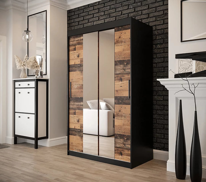 Tilburg 1 Contemporary 2 Mirrored Sliding Door Wardrobe 5 Shelves 2 Rails Dark Oak Effect & Black (W)120cm