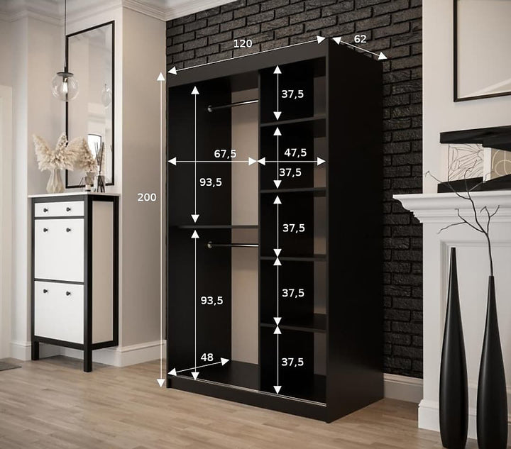 Tilburg 1 Contemporary 2 Mirrored Sliding Door Wardrobe 5 Shelves 2 Rails Dark Oak Effect & Black (W)120cm
