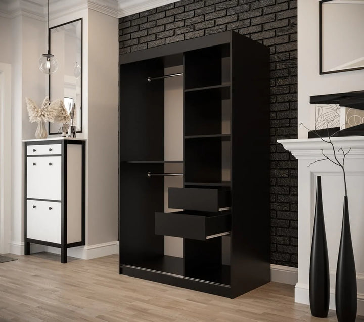 Tilburg 1 Contemporary 2 Mirrored Sliding Door Wardrobe 5 Shelves 2 Rails Dark Oak Effect & Black (W)120cm