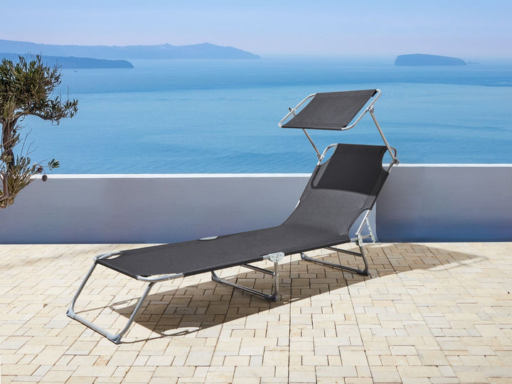 Steel Reclining Sun Lounger with Canopy Black FOLIGNO