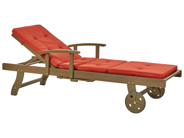Acacia Wood Reclining Sun Lounger with Red Cushion AMANTEA