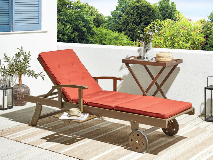 Acacia Wood Reclining Sun Lounger with Red Cushion AMANTEA
