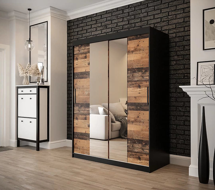 Tilburg 1 Contemporary 2 Mirrored Sliding Door Wardrobe 5 Shelves 2 Rails Dark Oak Effect & Black (W)150cm