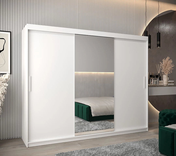 Tokyo 01 Contemporary Mirrored 3 Sliding Door Wardrobe 9 Shelves 2 Rails White Matt (W)250cm