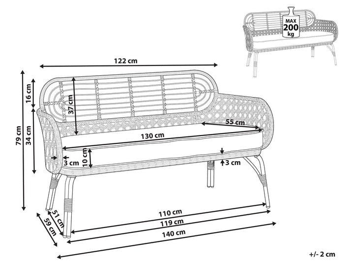 Pratello Garden Sofa 2 Seater PE Rattan Natural