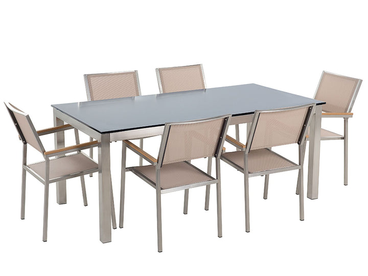 Grosseto Garden Dining Set 6 Seater Tempered Glass Black/ Beige