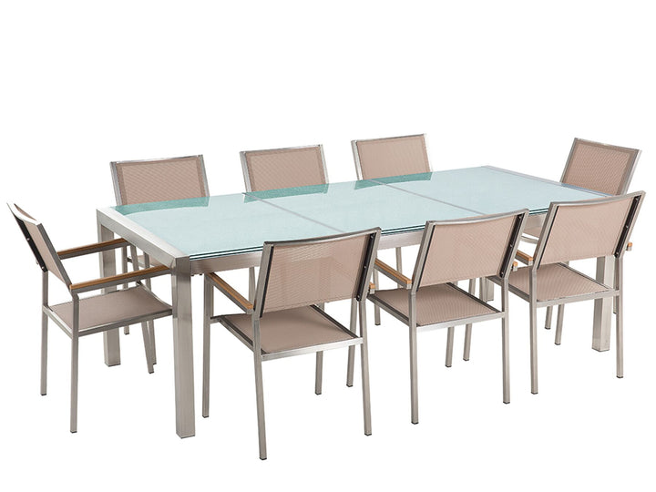 Grosseto Garden Dining Set 8 Seater Tempered Glass Cracked Glass Transparent/ Beige