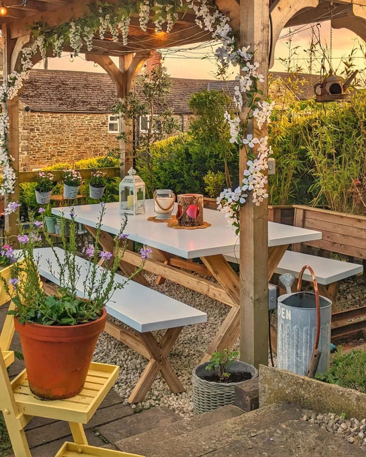 Olbia Garden Dining Set with Benches 6 Seater Concrete White