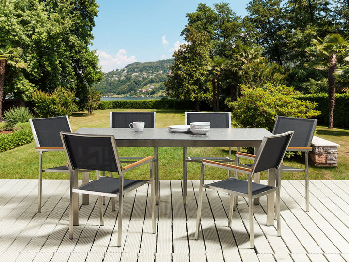 Cosoleto/Grosseto Garden Dining Set 6 Seater Tempered Glass Granite Effect Black
