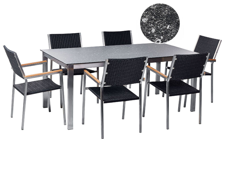 Cosoleto/Grosseto Garden Dining Set 6 Seater Tempered Glass Granite Effect Black
