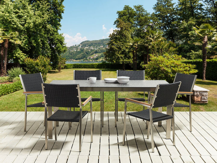 Cosoleto/Grosseto Garden Dining Set 6 Seater Tempered Glass Granite Effect Black