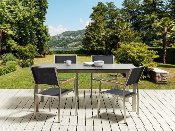 Cosoleto/Grosseto Garden Dining Set 4 Seater Tempered Glass Granite Effect Black