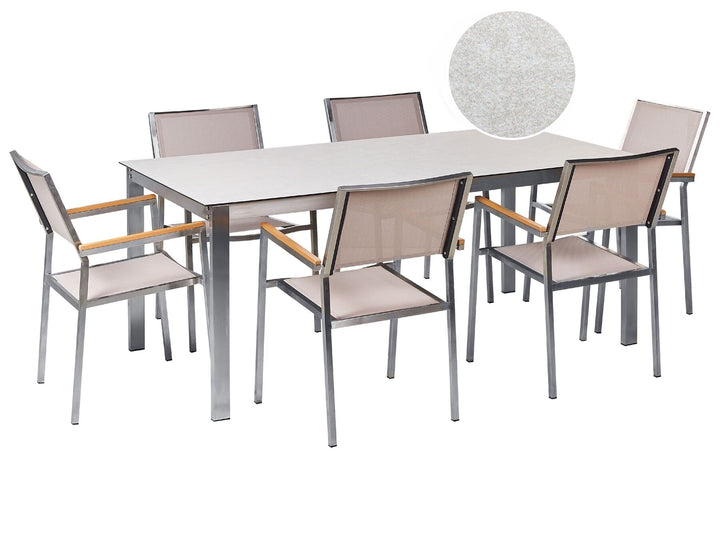 Cosoleto/Grosseto Garden Dining Set 6 Seater Tempered Glass Marble Effect White/ Beige