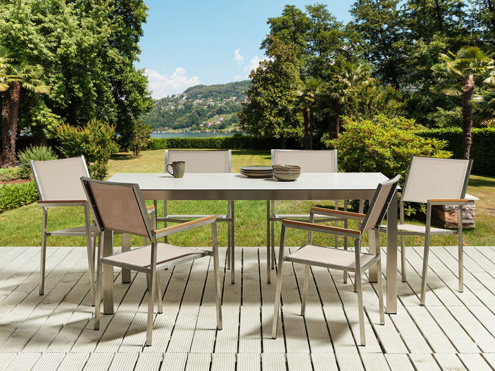 Cosoleto/Grosseto Garden Dining Set 6 Seater Tempered Glass Marble Effect White/ Beige