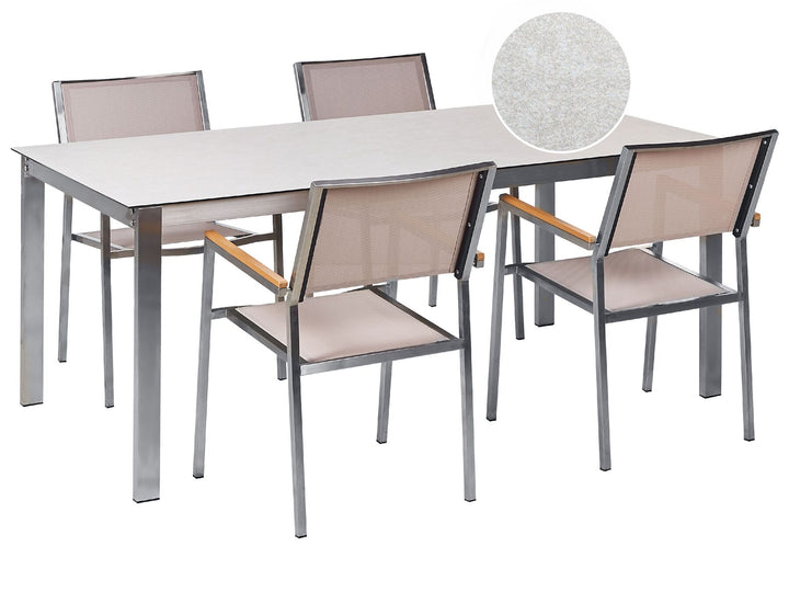 Cosoleto/Grosseto Garden Dining Set 4 Seater Tempered Glass Marble Effect White/ Beige