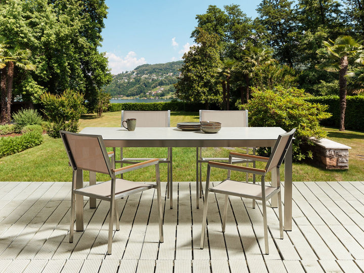 Cosoleto/Grosseto Garden Dining Set 4 Seater Tempered Glass Marble Effect White/ Beige