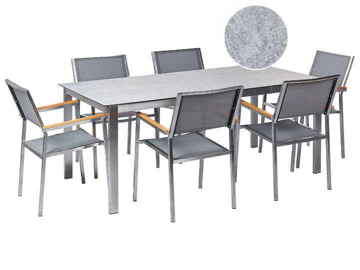 Cosoleto/Grosseto Garden Dining Set 6 Seater Tempered Glass Marble Effect Grey
