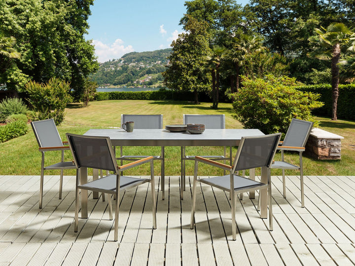 Cosoleto/Grosseto Garden Dining Set 6 Seater Tempered Glass Marble Effect Grey