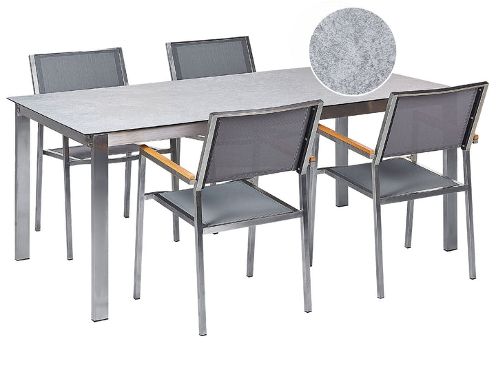 Cosoleto/Grosseto Garden Dining Set 4 Seater Tempered Glass Marble Effect Grey