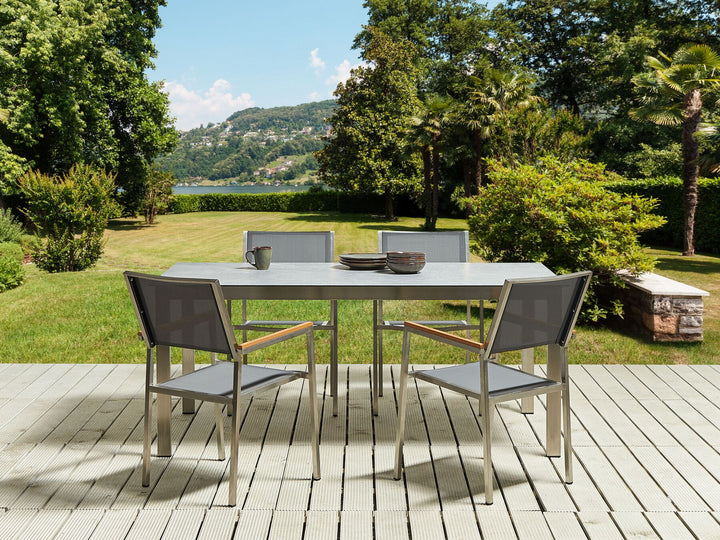 Cosoleto/Grosseto Garden Dining Set 4 Seater Tempered Glass Marble Effect Grey